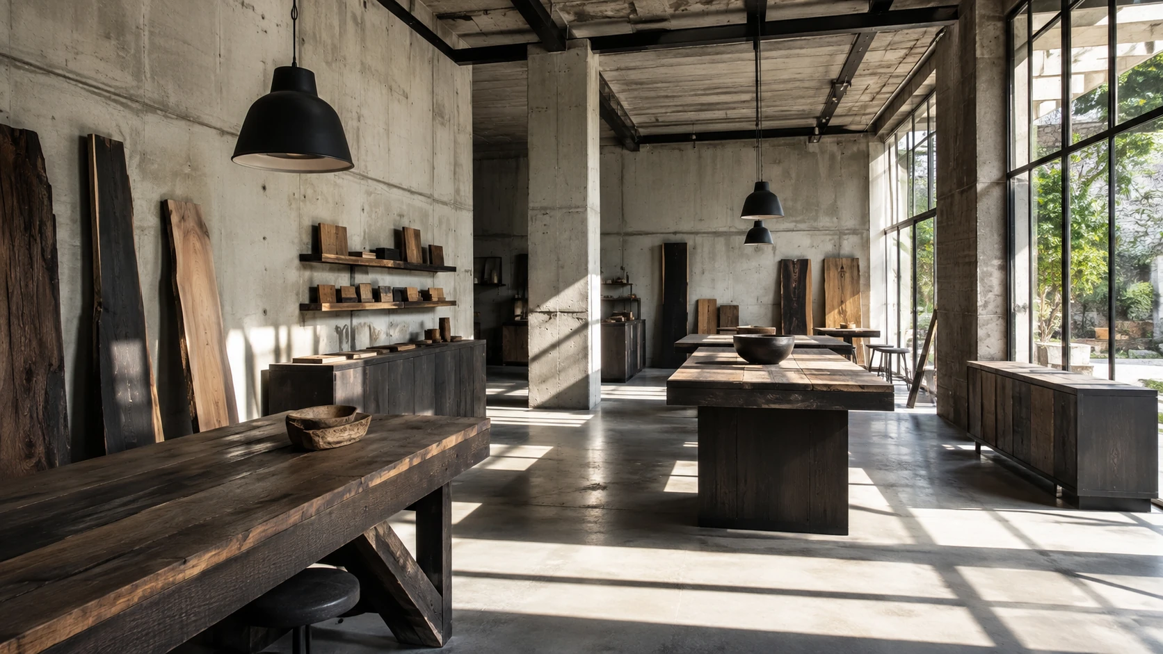Atelier d'ébénisterie aux murs en béton brut : établis et plateaux en bois massif sombre, planches dressées contre le mur et suspensions industrielles noires.