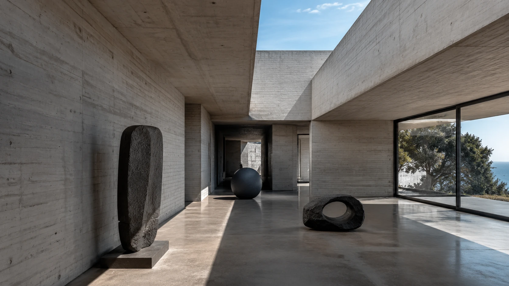 Salle d'exposition aux murs en béton banché brut de décoffrage, éclairée par une ouverture zénithale, avec trois sculptures monumentales sombres posées au sol.