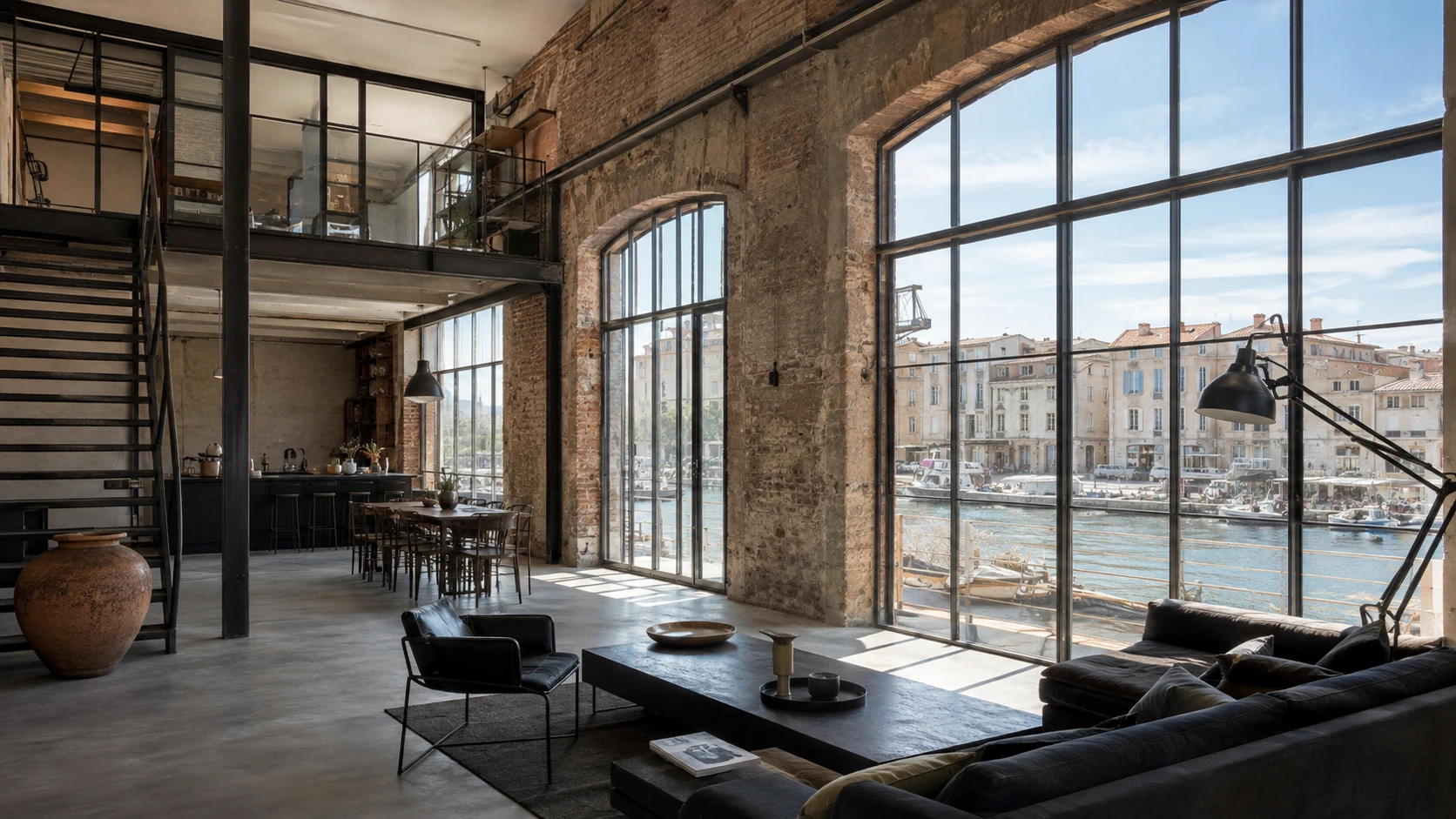 Loft sous verrières cintrées : murs en brique d'origine, mezzanine en structure acier, sol en béton lissé et vue sur un bassin portuaire.