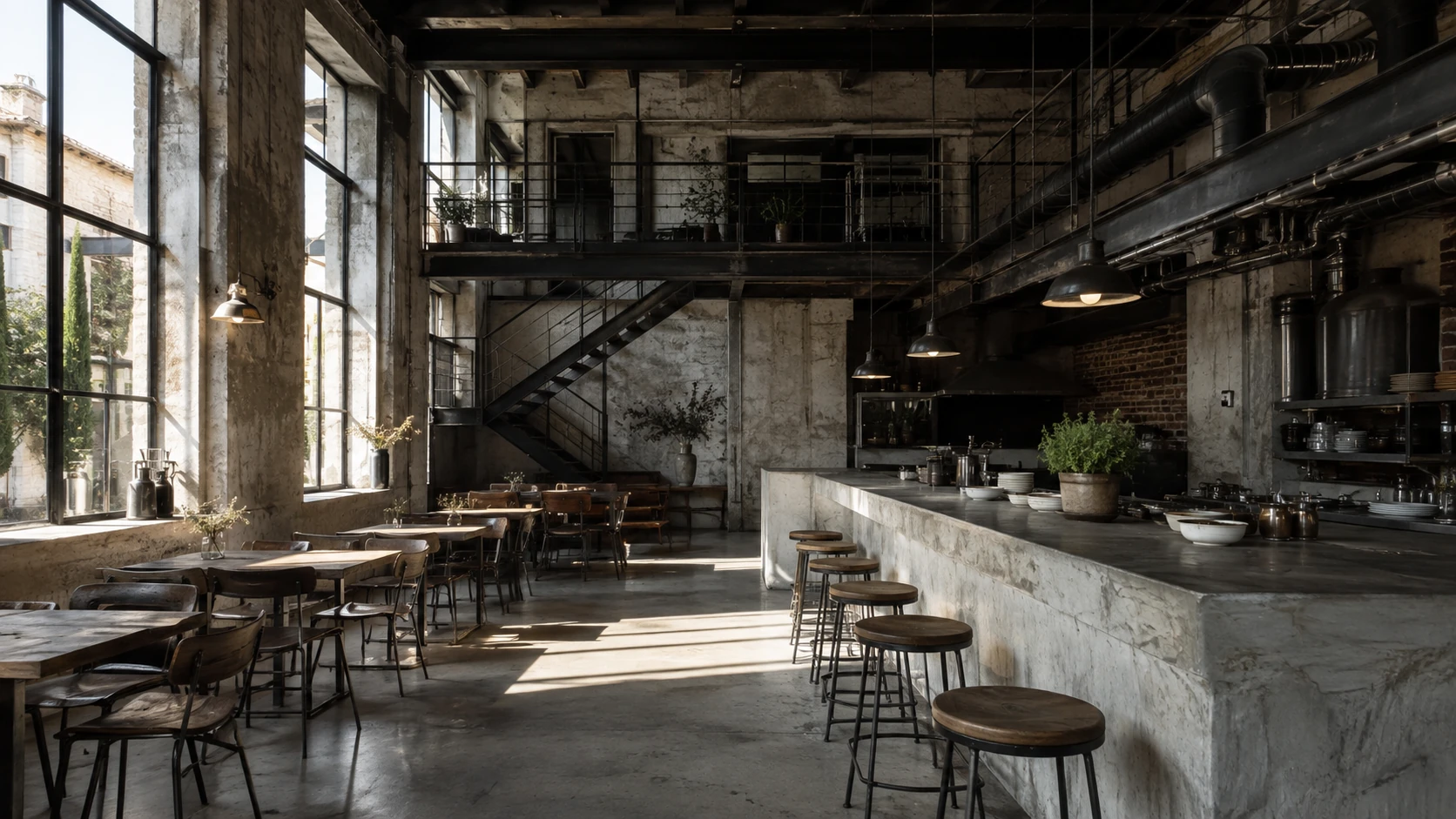 Salle de restauration dans une halle industrielle : long comptoir en béton coulé, gaines et tuyauteries apparentes, suspensions industrielles noires et mezzanine desservie par un escalier métallique.